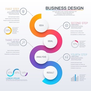 Business infographic with round elements and info steps, vector chart and graph. Infodata visualization diagrams and statistics flowchart information. Business infographics, data presentation design