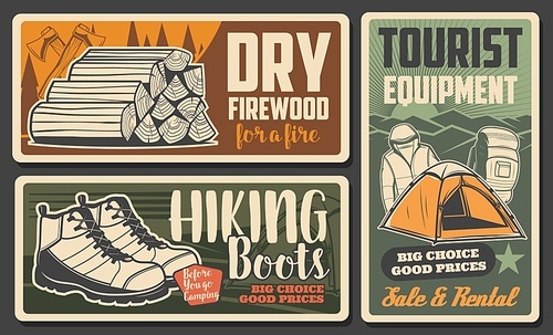 Hiking and mountaineering tourism, camping equipment shop, vintage posters. Outdoor camp travel items, camping boots and tent, fire dry wood, hiking accessory and garments rental