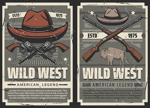 Wild west vintage vector posters. American Western legend, Texas buffalo ox and cowboy sheriff hat with crossed bandit revolvers, guns and rifles on wild west saloon building background