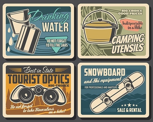 Travel camping and hiking equipment shop, vintage vector posters. Hiking, mountaineering outdoor camp travel utensil. Snowboard, binoculars, water jars and backpacking accessory
