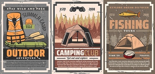Active leisure, camping and rafting sport vector posters. Summer camp adventure tents and boat, life vest and fishing rods, life jacket and compass, fish. Hiking, trekking outdoor sport and travel