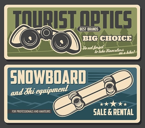 Snowboard and binoculars vector design of tourism equipment and snowboarding sport gear. Winter snow mountains and forest trees, tourist field glasses and snowboarder board with bindings
