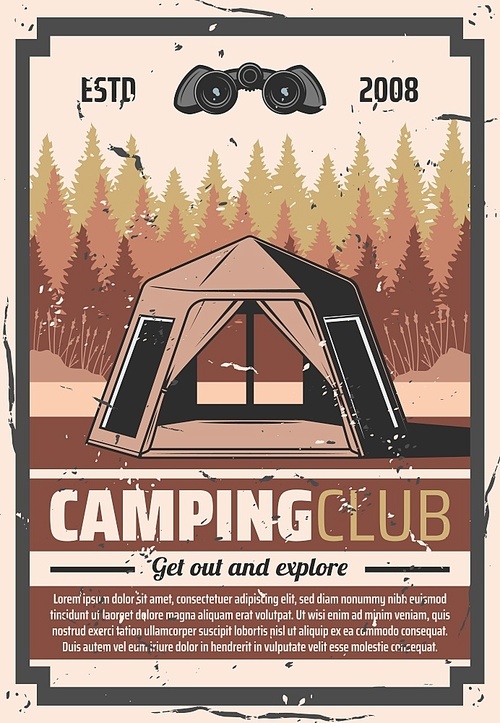 Camping outdoor adventure, wild nature tourist club vintage retro poster. Vector hiking and travel tours hobby, scout camping tent with binoculars and campfire, extreme wanderlust exploration sport