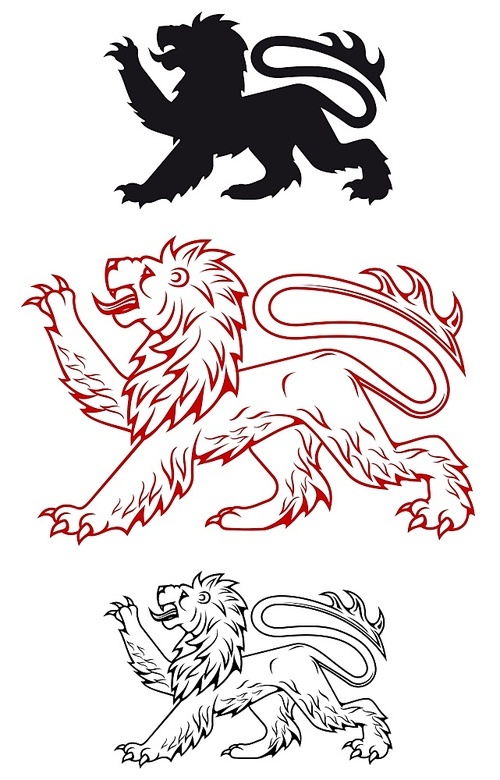 Medieval heraldic lion in color and silhouette variations