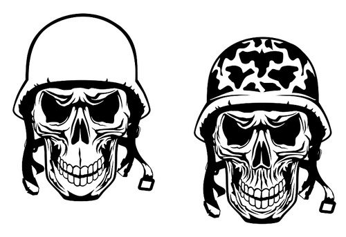 Warrior and pilot skulls in military helmets