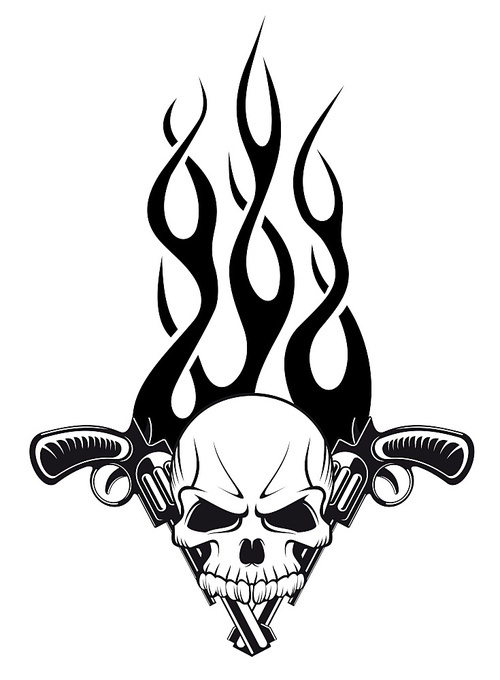 human skull with gun and flames for  design