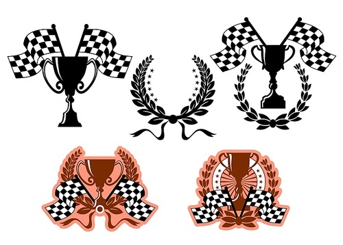 Sports emblems or symbols with checkered flags and design elements