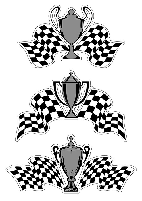 racing sport awards and trophies with checkered flags isolated on white