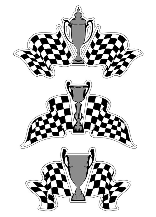 Racing sport emblems with checkered flags and trophies