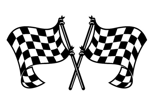 Black and white checkered motor sports flags curling in the breeze with crossed flagpoles