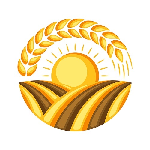 Illustration of field with ripe wheat ear. Agricultural emblem.