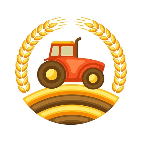 Illustration of harvest tractor with ripe wheat ears. Agricultural emblem.