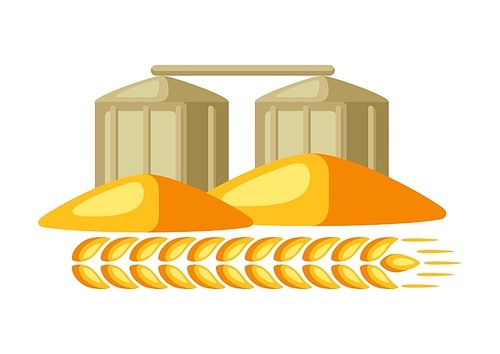 Illustration of granary with ripe wheat ear. Agricultural emblem.