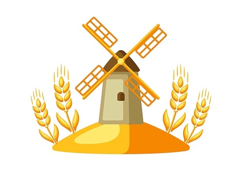 Illustration of grain mill with ripe wheat ears. Agricultural emblem.