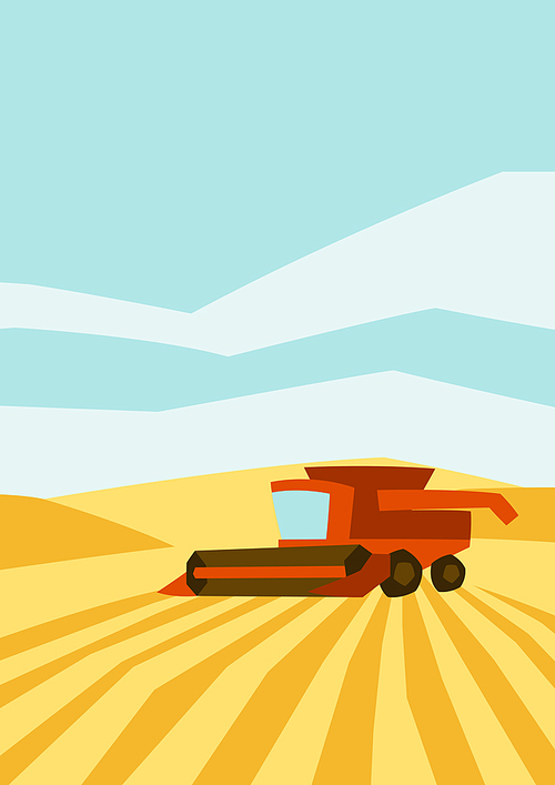 Combine harvester on wheat field. Agricultural illustration farm rural landscape. Seasonal nature background.