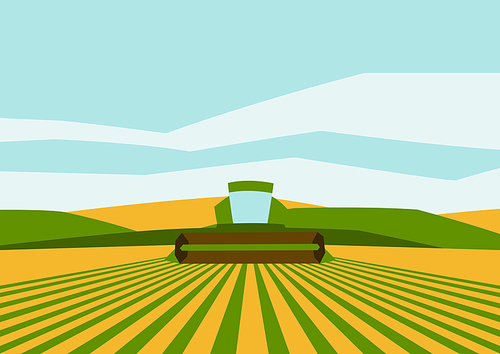 Combine harvester on wheat field. Agricultural illustration farm rural landscape. Seasonal nature background.