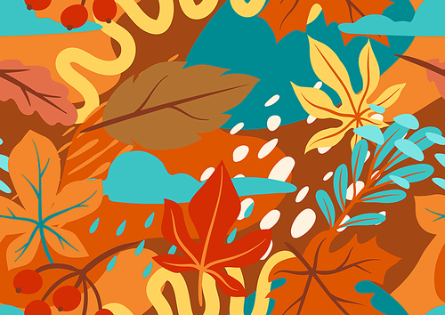 Seamless floral pattern with autumn foliage. Background of falling abstract leaves.