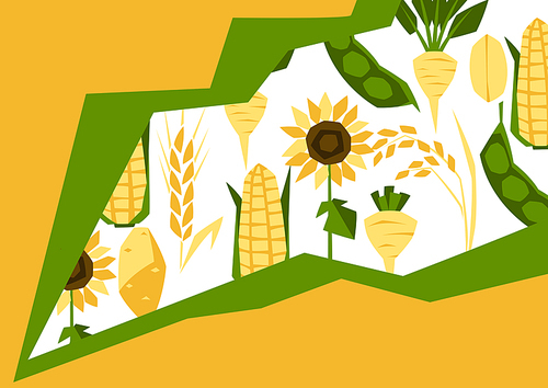 Background with agricultural crops. Harvesting stylized illustration. Vegetables and cereals.