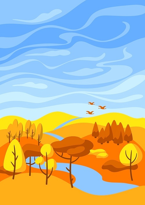 Autumn landscape with forest, trees and bushes. Seasonal nature illustration.