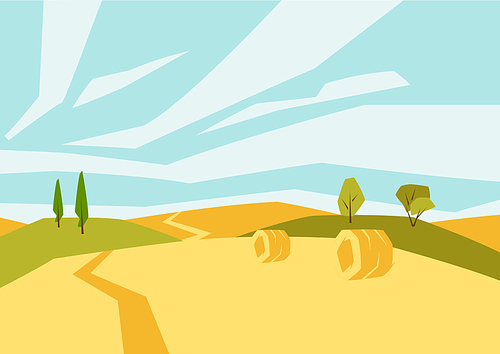 Illustration of harvested agricultural field. Autumn landscape with trees and hills. Seasonal nature background.