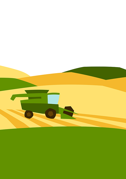 Combine harvester on wheat field. Agricultural illustration farm rural landscape. Seasonal nature background.