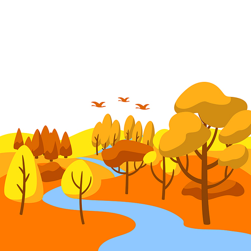 Autumn landscape with forest, trees and bushes. Seasonal nature illustration.