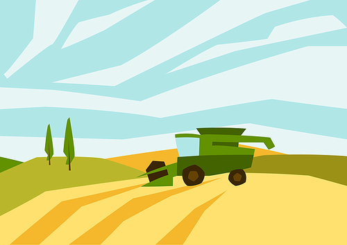 Combine harvester on wheat field. Agricultural illustration farm rural landscape. Seasonal nature background.