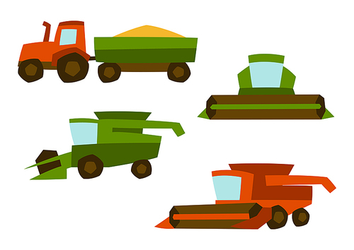 Agricultural set of harvesting items. Combine harvesters and tractor. Industrial illustration.