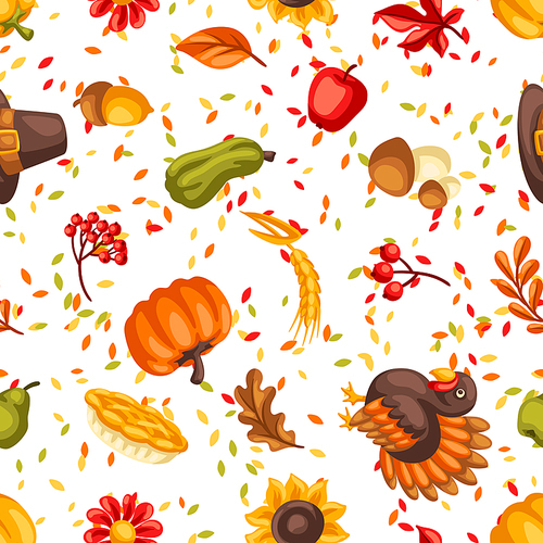 Happy Thanksgiving Day seamless pattern. Background with holiday objects. Celebration traditional symbols.