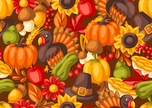 Happy Thanksgiving Day seamless pattern. Background with holiday objects. Celebration traditional symbols.