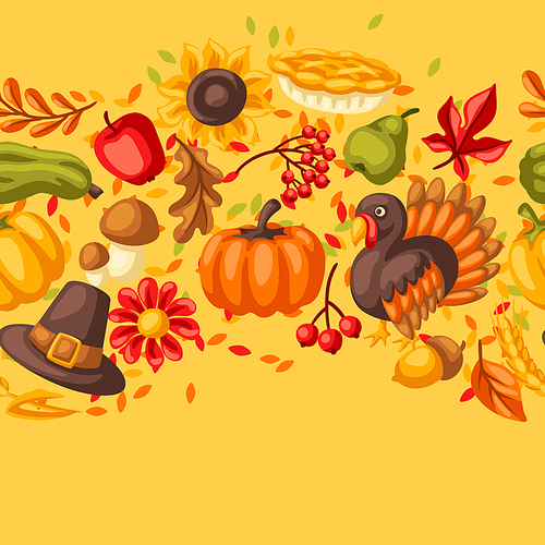 Happy Thanksgiving Day seamless pattern. Background with holiday objects. Celebration traditional symbols.