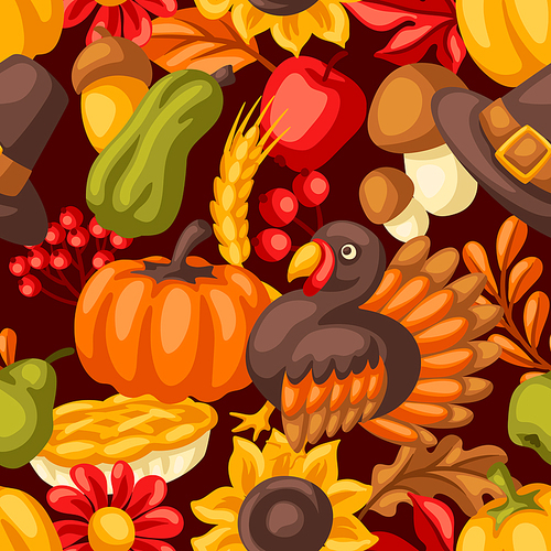 Happy Thanksgiving Day seamless pattern. Background with holiday objects. Celebration traditional symbols.