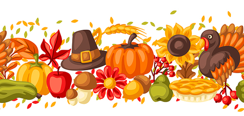 Happy Thanksgiving Day seamless pattern. Background with holiday objects. Celebration traditional symbols.