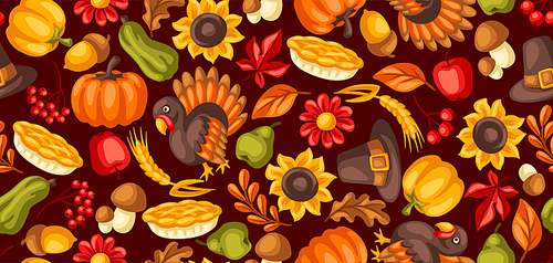 Happy Thanksgiving Day seamless pattern. Background with holiday objects. Celebration traditional symbols.