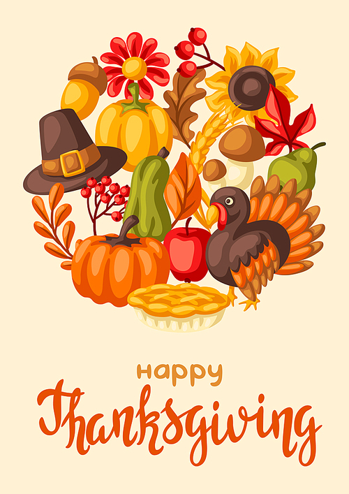 Happy Thanksgiving Day background. Design with holiday objects. Celebration traditional symbols.