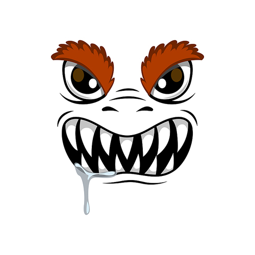 Monster face cartoon vector icon, creepy creature, emotion with hairy eyelids, angry eyes and roar mouth with long sharp teeth. Halloween ghost, alien or spooky emoji isolated on white 