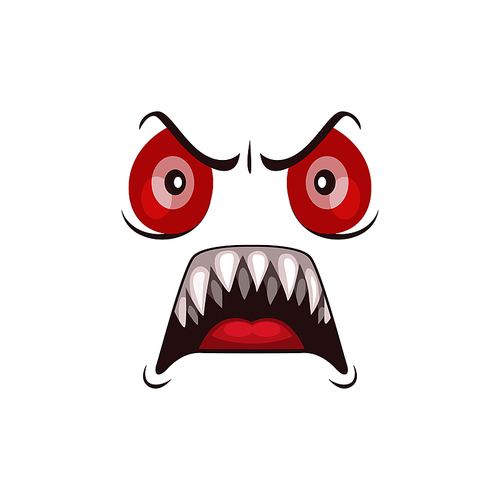 Monster face cartoon vector icon, Halloween ghost, creepy creature emotion with red angry eyes and roar mouth with long sharp teeth. Alien spooky emoji isolated on white 