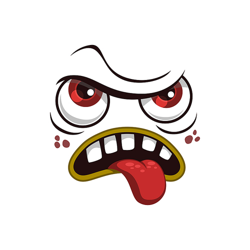 Cartoon face isolated vector icon, tired emotion, forworn Halloween monster funny creature with red eyes and stick up tongue in toothy mouth, unhappy emoji isolated on white 