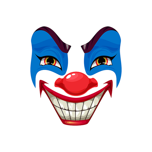 Scary clown face vector icon, Halloween funster character. Emoticon mask with blue makeup, red nose, angry eyes and creepy smile with white glossy teeth, isolated horror creature emoji