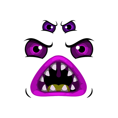 Monster face cartoon vector icon, roaring Halloween creature, emotion with many angry purple eyes and round toothy mouth. Creepy worm, alien or spooky emoji isolated on white 