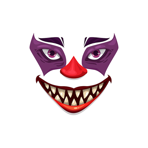 Scary clown face vector icon, Halloween creepy smile funster character. Emoticon mask with makeup, red nose, angry eyes and sharp teeth, isolated horror creature emoji