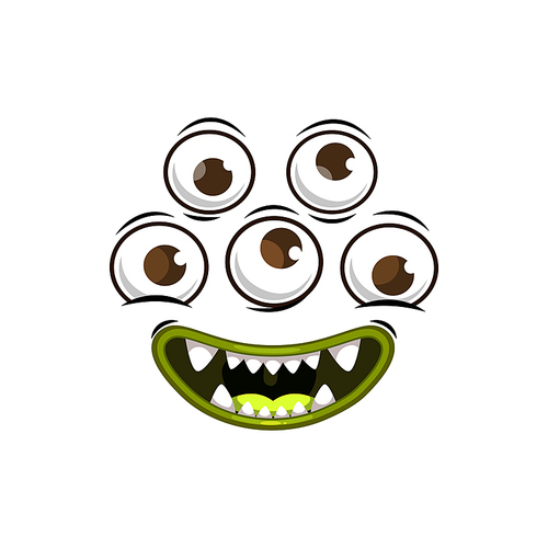 Monster face cartoon vector icon, creepy creature, emotion with three round eyes and smiling toothy mouth with fangs. Halloween alien spooky emoji isolated on white 