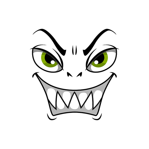 Monster face cartoon vector icon, gloat smiling emotion with angry eyes and laughing toothy mouth. Malefactor Halloween or hell creature emoji isolated on white 