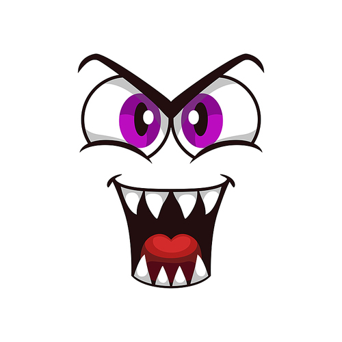Cartoon face isolated vector icon, facial gloat emoji of funny creature, emotion toothy smile with big purple round eyes and mouth with red tongue isolated on white 