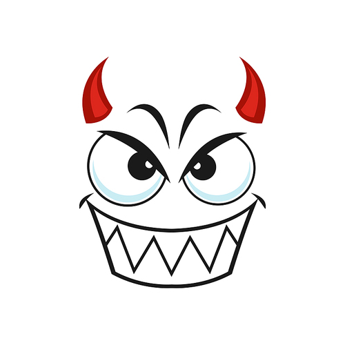 Cartoon devil face, smiling vector emoji, demon with red horns gloat smile emotion with angry eyes and laughing toothy mouth. Malefactor Halloween or hell character isolated on white 