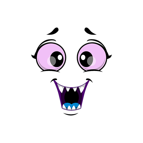 Cartoon monster face isolated vector icon, funny facial emoji of Halloween creature. Emotion toothy smile with big purple round eyes, mouth with sharp teeth, blue tongue isolated on white 