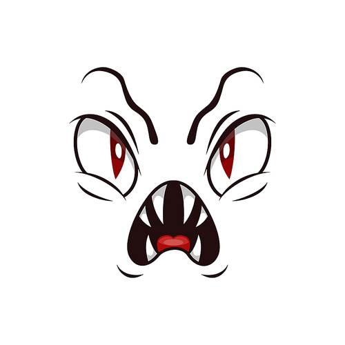 Monster face isolated vector icon, cartoon emoji of angry demon, Halloween spooky creature emotion. Roaring devil with sharp fangs and red creepy eyes isolated on white 