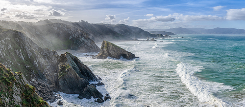 Panorama view of the wild Galician coast and cliffs at Loiba