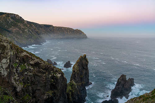 beautiful sunset on the wild rocky coast of Galicia in northern Spain