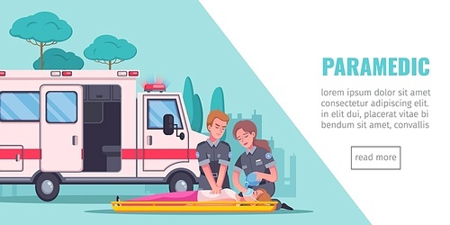 Paramedic emergency ambulance horizontal banner with editable text read more button and cartoon images of doctors vector illustration